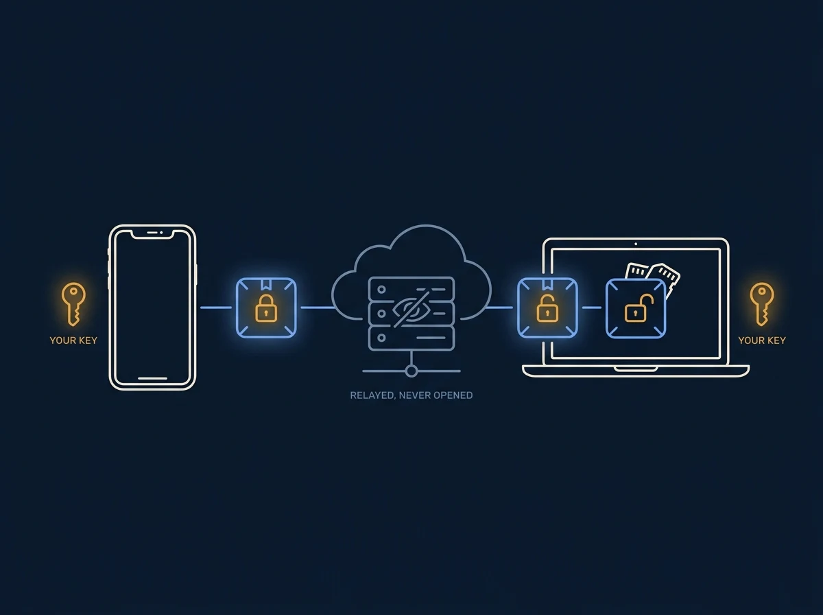 End-to-end encryption: a memory is locked on your iPhone, relayed through Stonekept's servers that can never open it, and unlocked on your Mac. Only your devices hold the key.