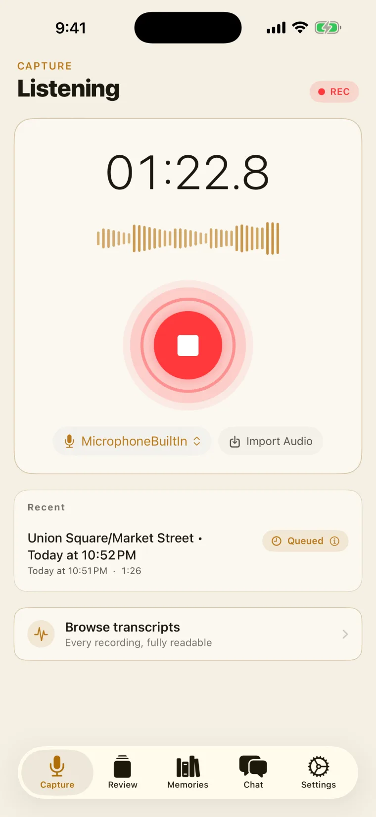 The Stonekept iPhone recording screen with a live waveform