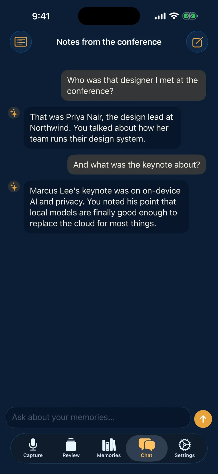 Chatting with Stonekept about your own memories on iPhone