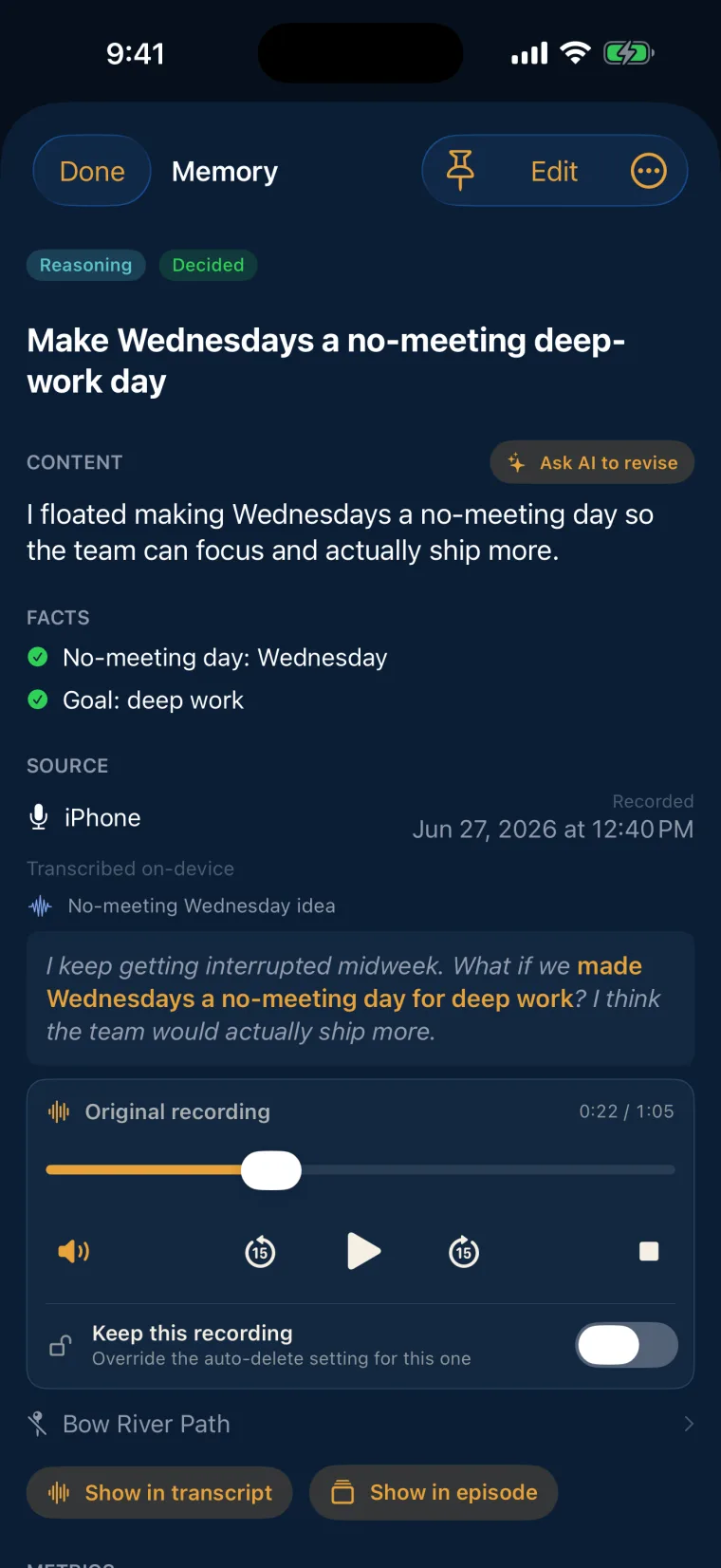 A Stonekept memory showing the transcript it came from and an audio scrubber