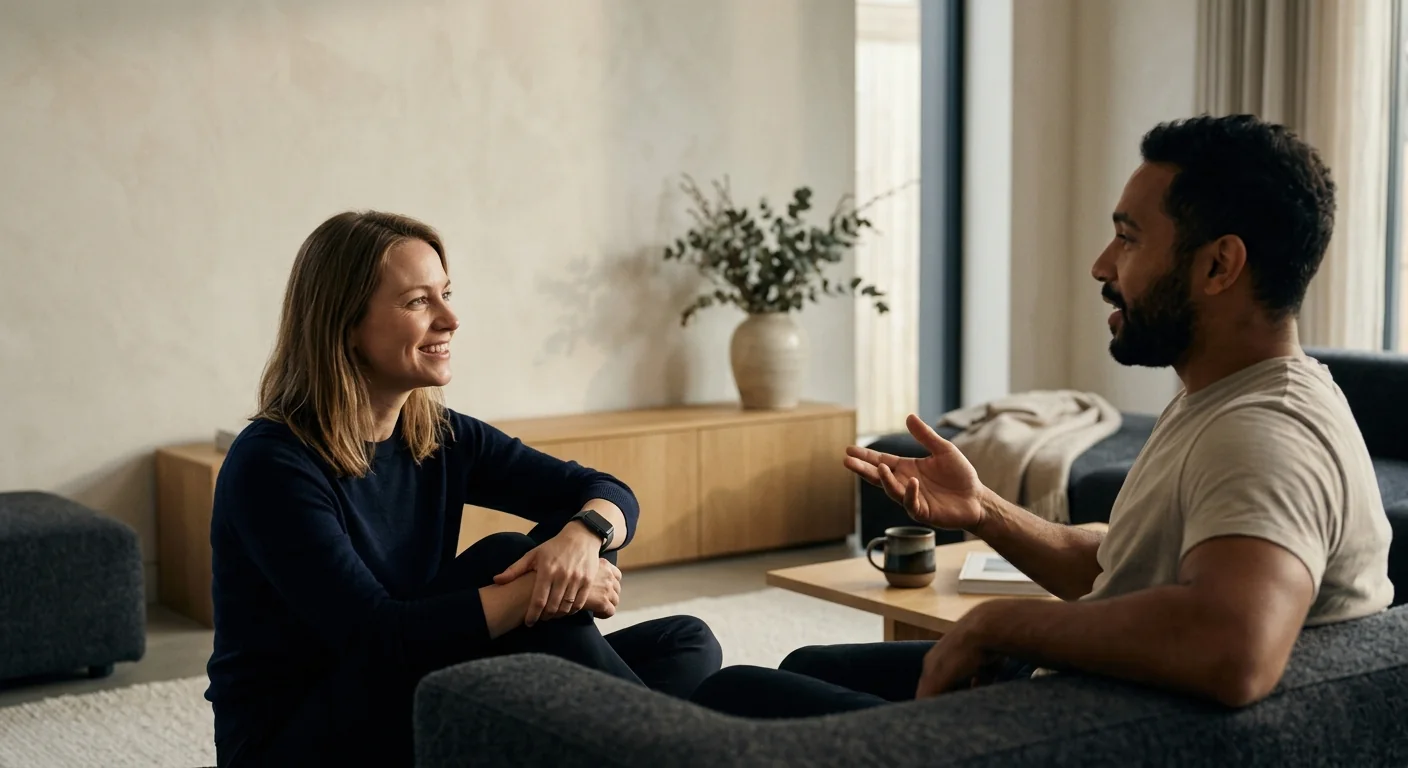 Two friends mid-conversation in a sunlit living room, one wearing a smartwatch.